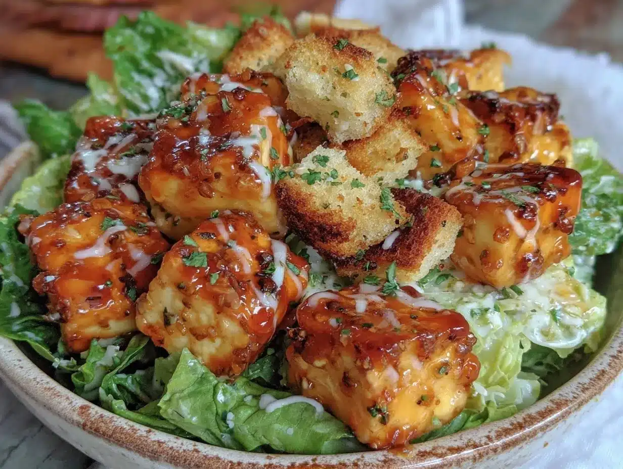 Crispy Buffalo Tofu Caesar Salad preparation steps