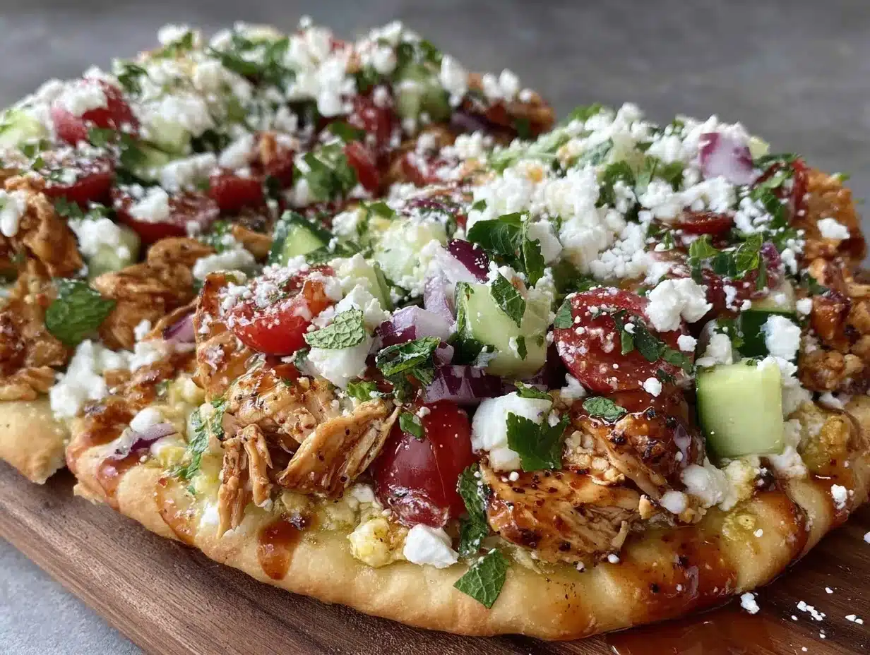 crispy Greek chicken pita pizza preparation steps