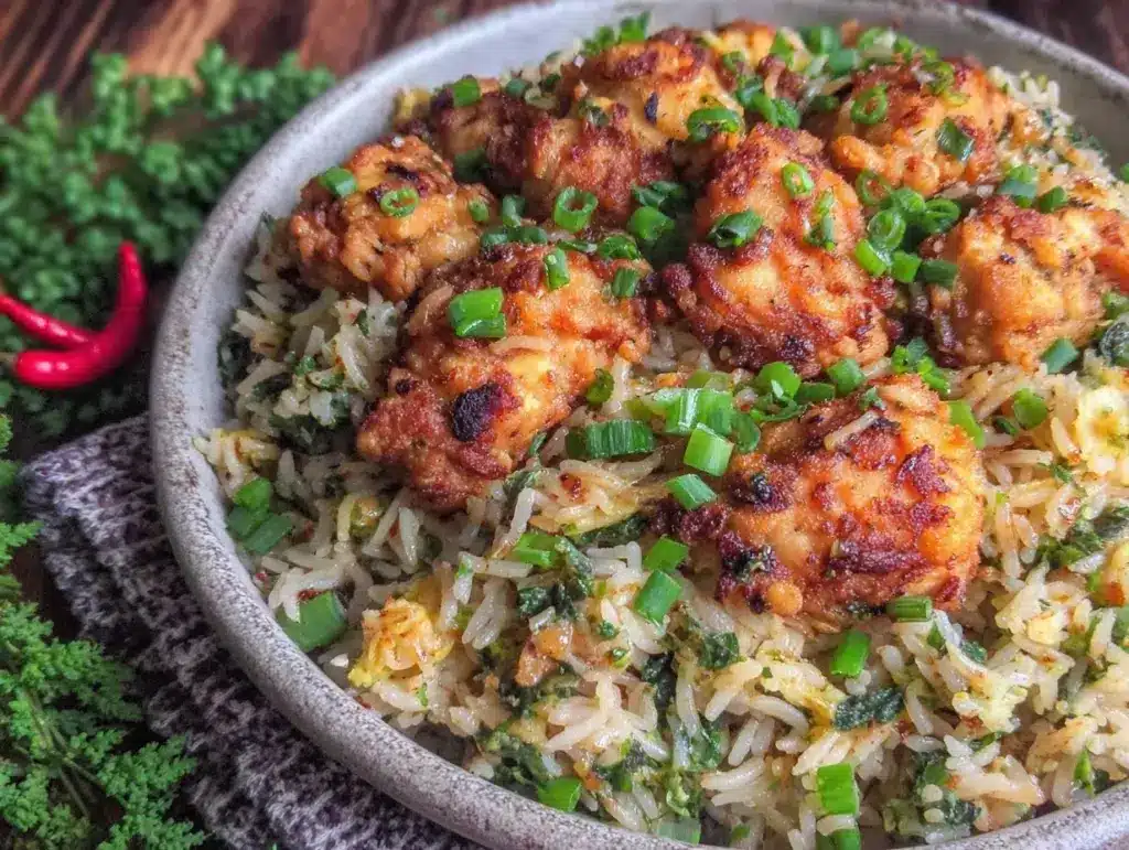 crispy high protein garlic chicken fried rice - featured image