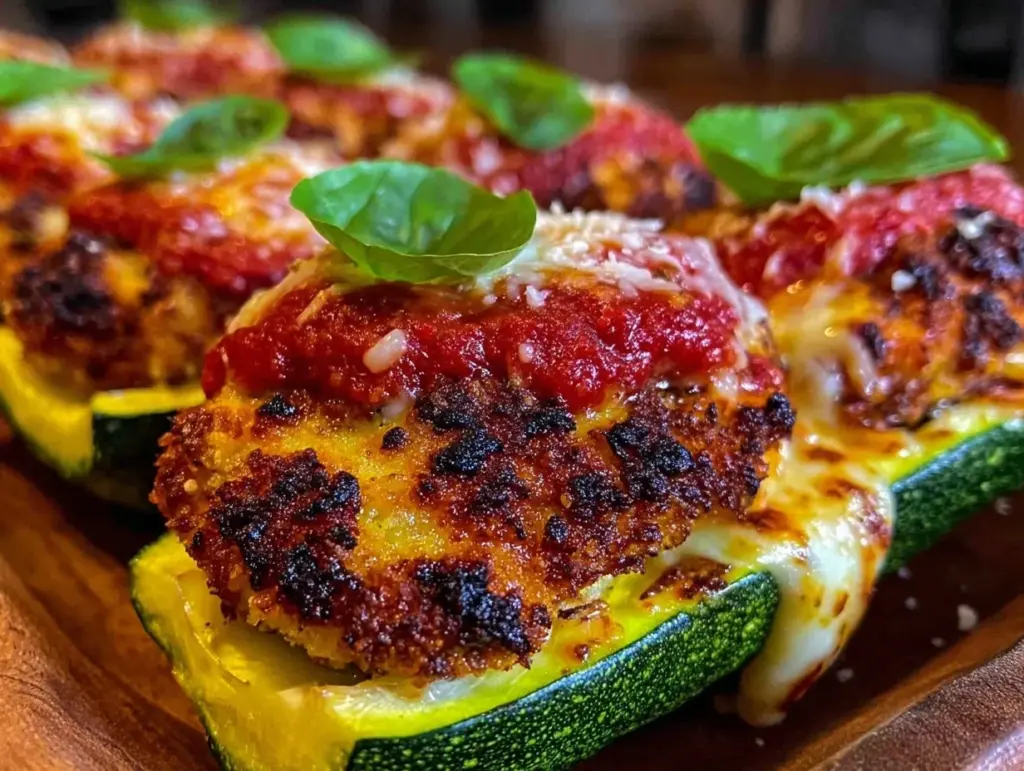 crispy keto chicken parmesan zucchini boats - featured image