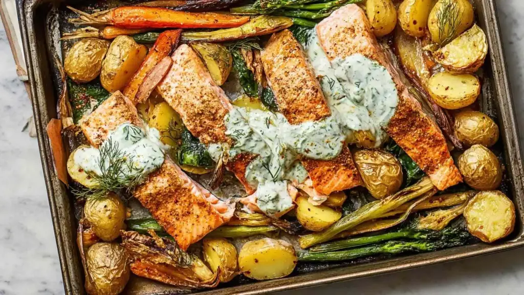 crispy salmon and asparagus traybake - featured image