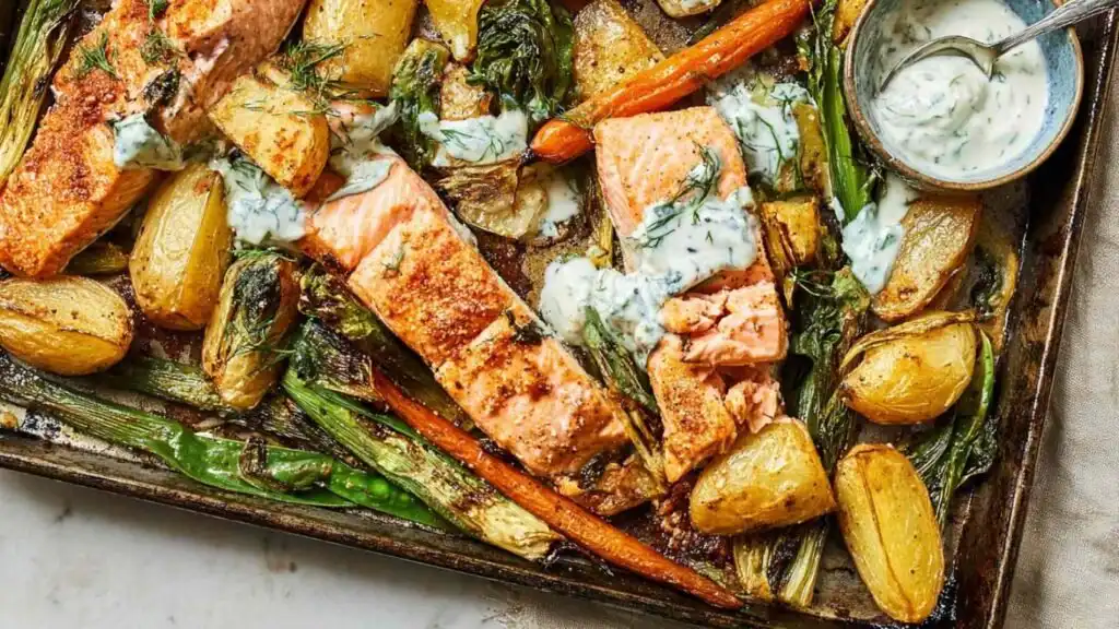 crispy salmon and asparagus traybake preparation steps