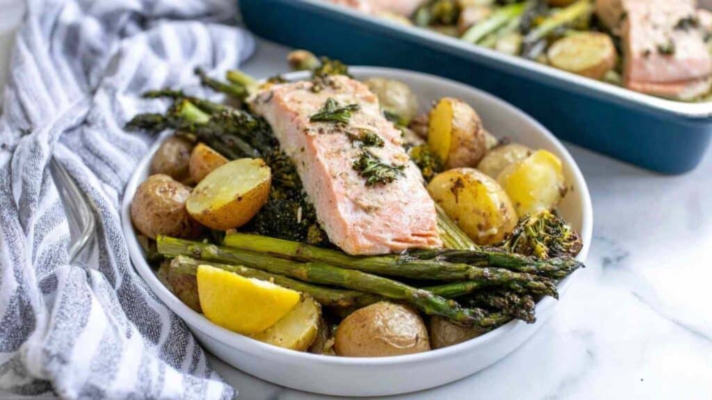 crispy salmon broccoli and potatoes one-pan meal - featured image