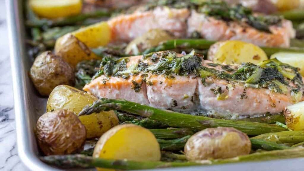 crispy salmon broccoli and potatoes one-pan meal preparation steps