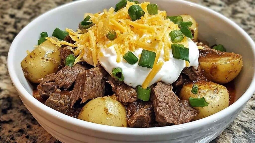 easy crockpot loaded steak and potato bake - featured image
