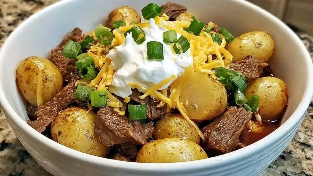 easy crockpot loaded steak and potato bake preparation steps