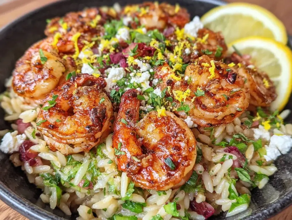 fresh lemon feta orzo with shrimp - featured image