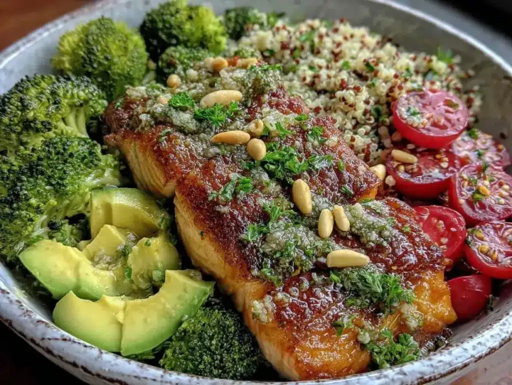 fresh mediterranean salmon bowl - featured image