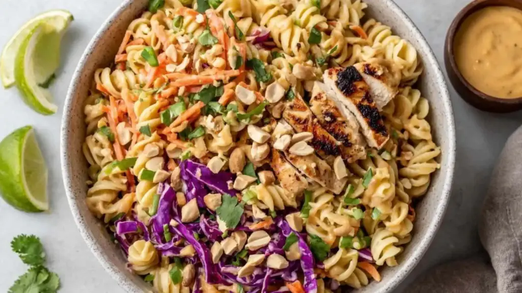 fresh thai peanut crunch protein pasta salad - featured image