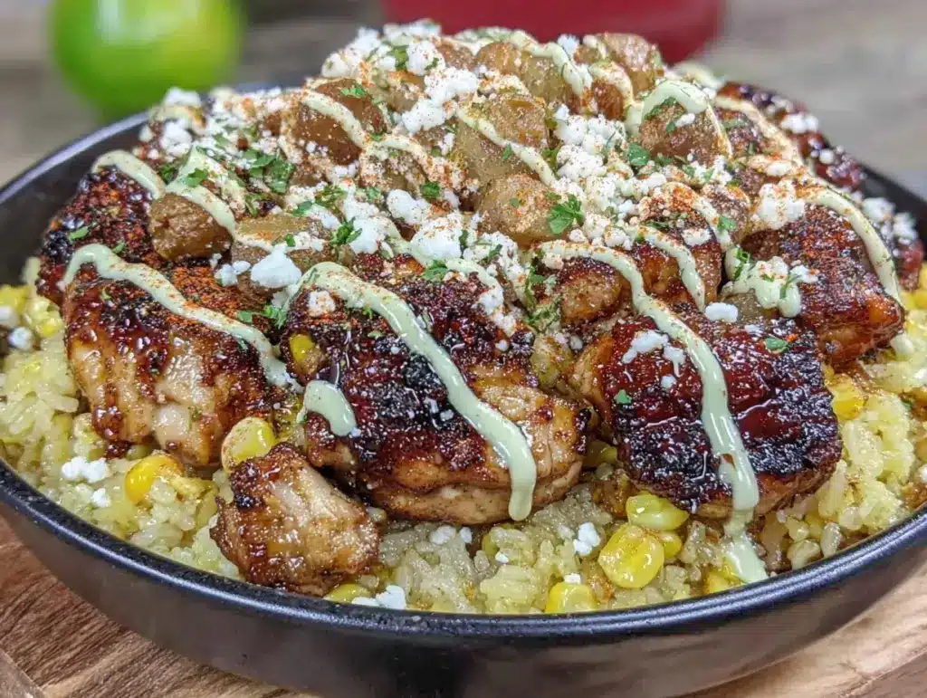healthy street corn chicken rice bowl - featured image