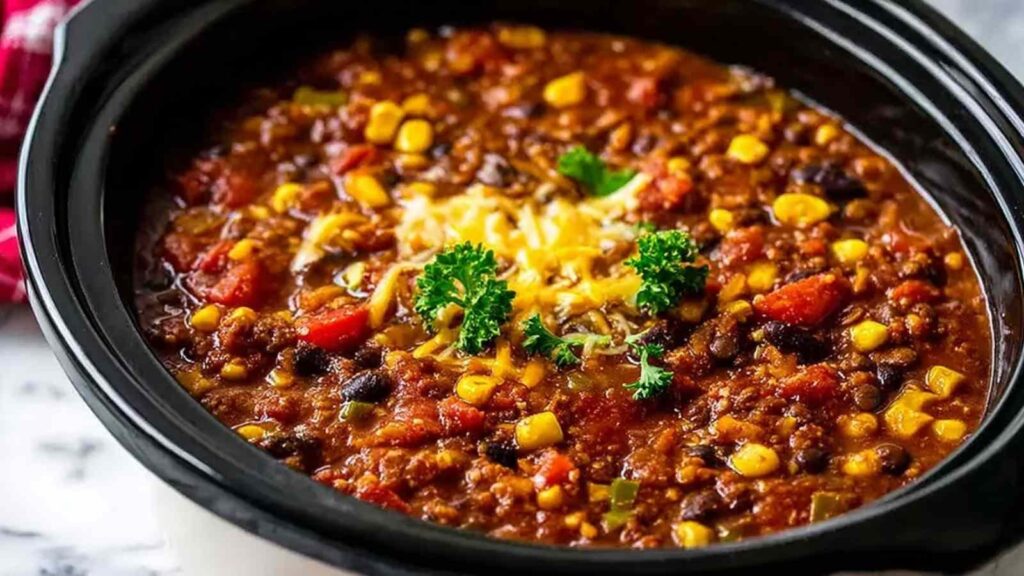 hearty high protein crockpot lentil taco chili - featured image