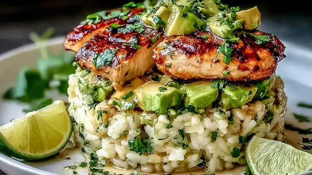 honey lime chicken avocado rice stack - featured image