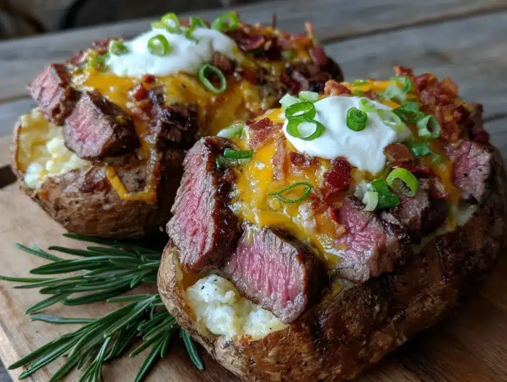 loaded baked potato with juicy steak - featured image