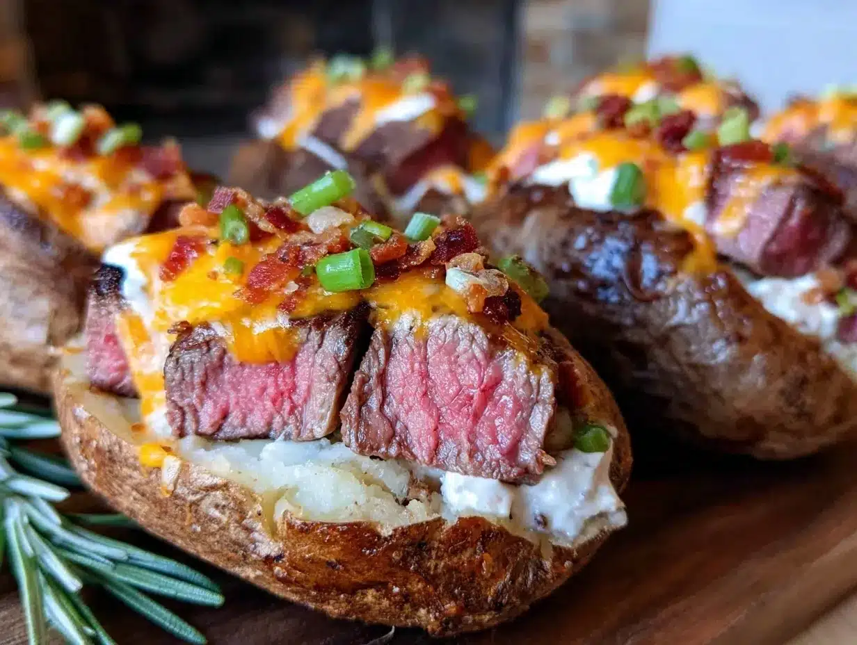 loaded baked potato with juicy steak preparation steps