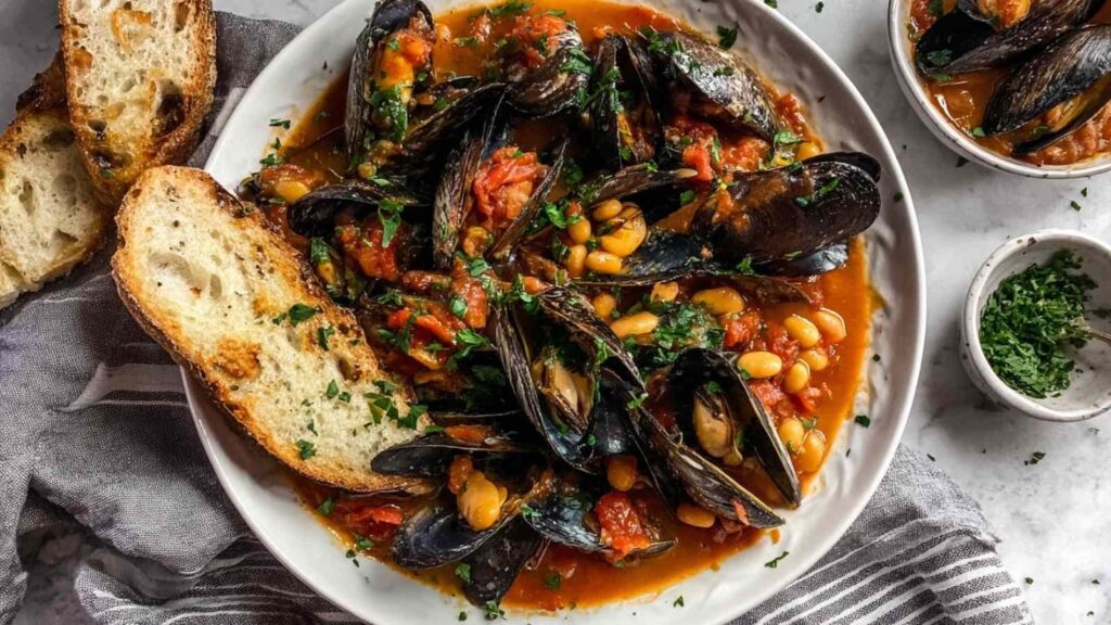 savory mussels with creamy cannellini beans and tomatoes - featured image