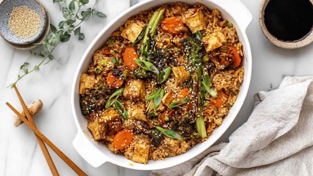 teriyaki tofu rice casserole - featured image