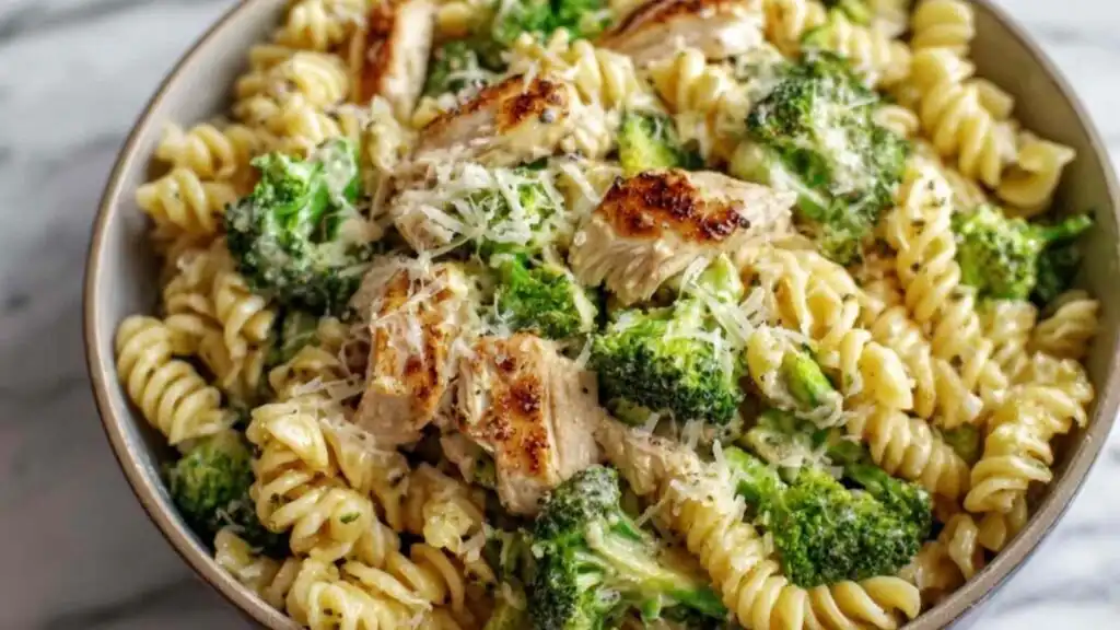 creamy high protein rotisserie chicken broccoli pasta preparation steps