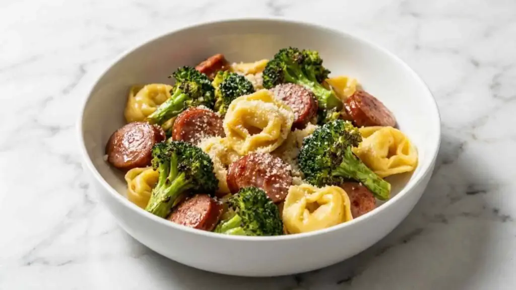 crispy sheet pan sausage tortellini - featured image