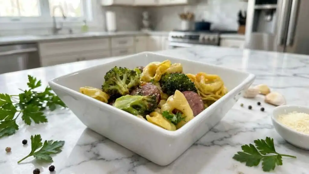 crispy sheet pan sausage tortellini preparation steps