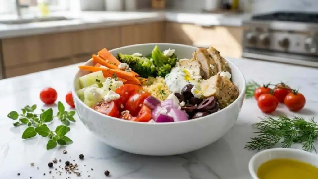 fresh greek chicken couscous bowl preparation steps