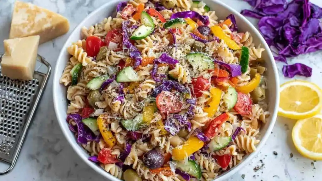 high protein vegetarian pasta salad preparation steps