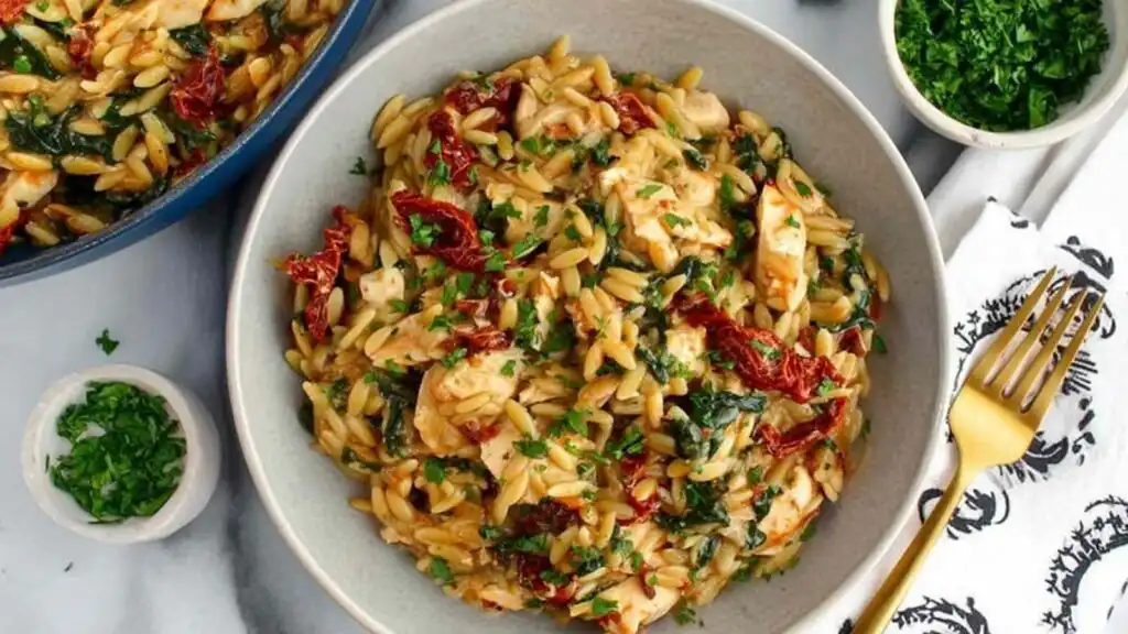Mediterranean chicken and orzo preparation steps