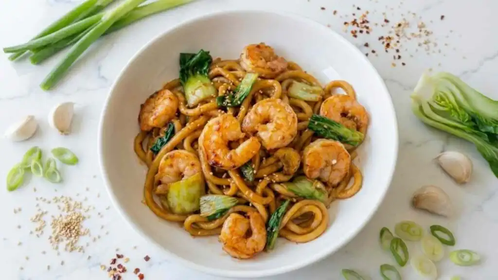 Szechuan noodles with garlic shrimp preparation steps