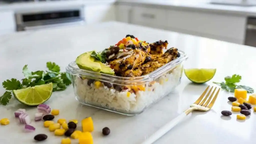 tangy mango chicken meal prep bowls preparation steps