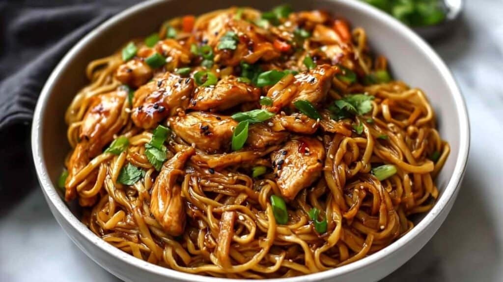 high protein sticky garlic chicken noodles preparation steps